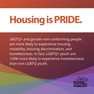 Image reads: Housing is PRIDE. LGBTQ+ and gender non-conforming people are more likely to experience housing instability, housing discrimination, and homelessness. In fact, LGBTQ+ youth are 120% more likely to experience homelessness than non-LGBTQ youth. 